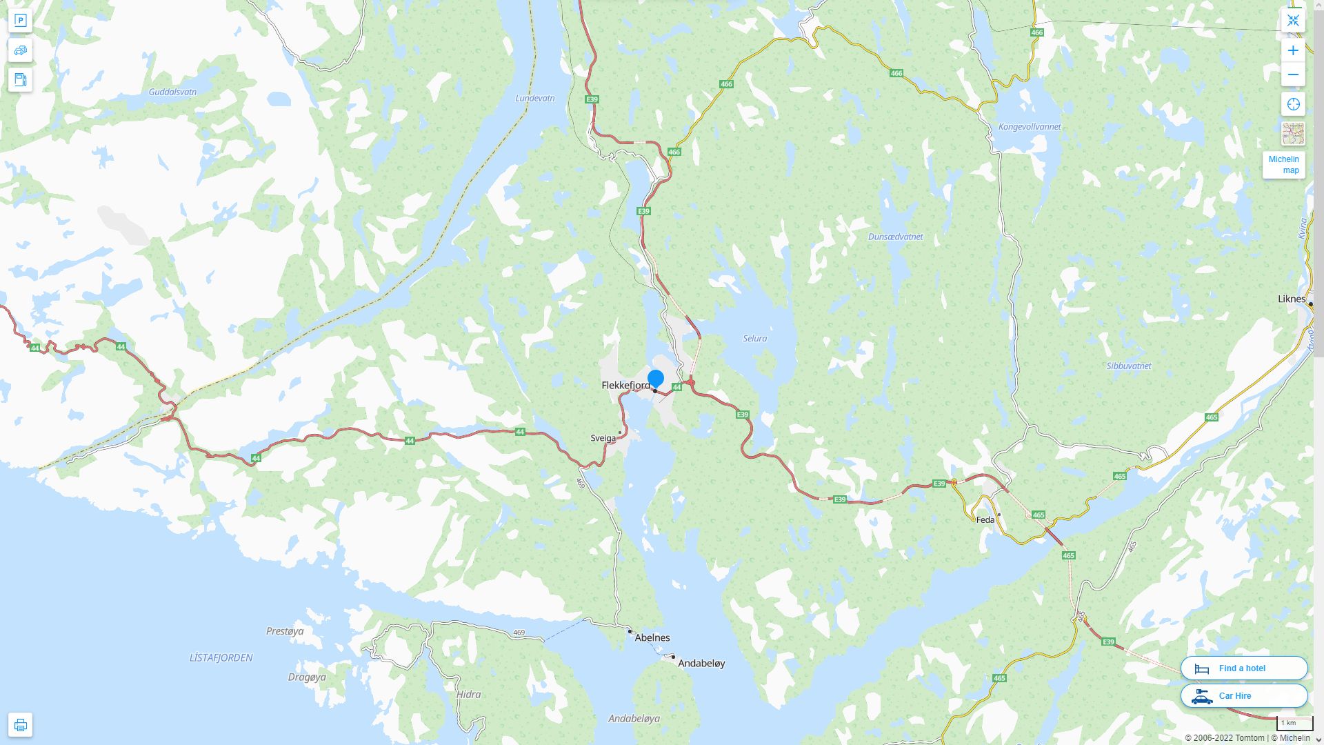 Flekkefjord Highway and Road Map
